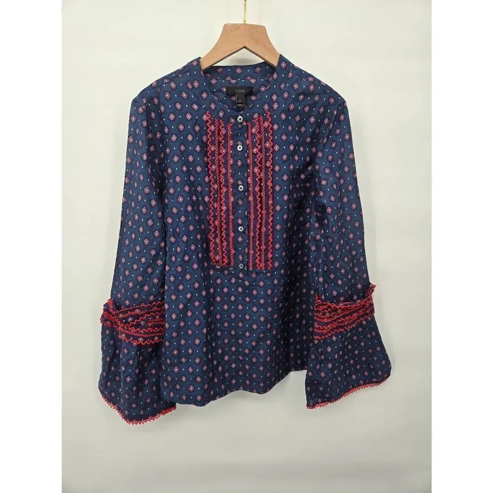 J. Crew Women Ruffled Trim Peasant Blouse Size 8 Bell Sleeve Ruffles Cotton Silk